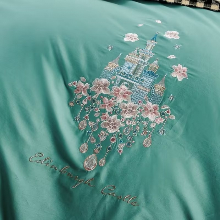 91家纺网 家纺一手货源 找家纺 50s双股长绒棉刺绣花贡缎纯棉全棉四件套直播 爱的城堡-松石绿（刺绣）