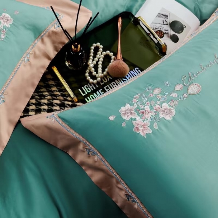 91家纺网 家纺一手货源 找家纺 50s双股长绒棉刺绣花贡缎纯棉全棉四件套直播 爱的城堡-松石绿（刺绣）