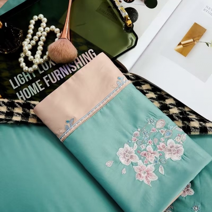 91家纺网 家纺一手货源 找家纺 50s双股长绒棉刺绣花贡缎纯棉全棉四件套直播 爱的城堡-松石绿（刺绣）