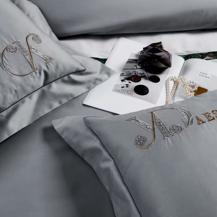 91家纺网 家纺一手货源 找家纺 50s双股长绒棉刺绣花贡缎纯棉全棉四件套直播 祖马龙-时尚灰（刺绣）