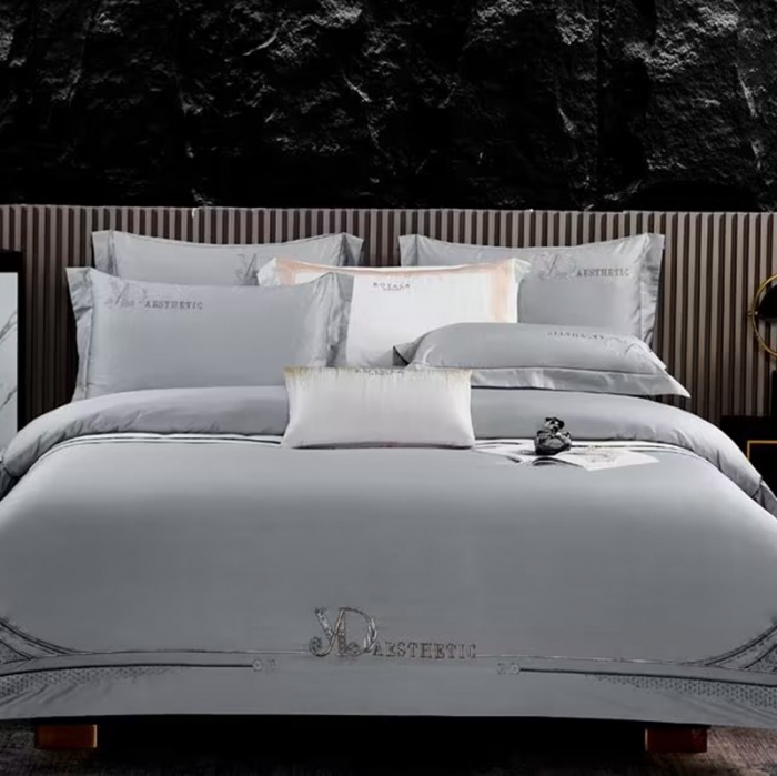 91家纺网 家纺一手货源 找家纺 50s双股长绒棉刺绣花贡缎纯棉全棉四件套直播 祖马龙-时尚灰（刺绣）