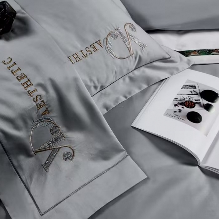 91家纺网 家纺一手货源 找家纺 50s双股长绒棉刺绣花贡缎纯棉全棉四件套直播 祖马龙-时尚灰（刺绣）