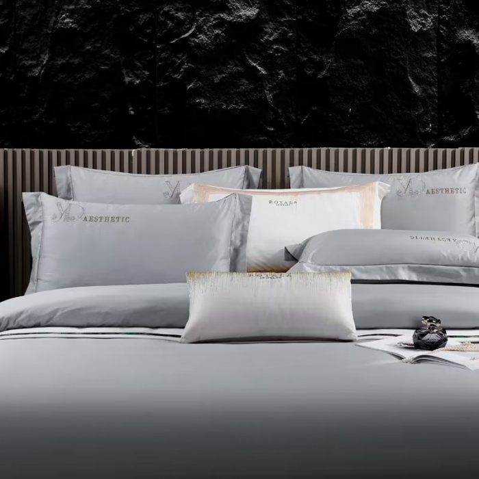 91家纺网 家纺一手货源 找家纺 50s双股长绒棉刺绣花贡缎纯棉全棉四件套直播 祖马龙-时尚灰（刺绣）