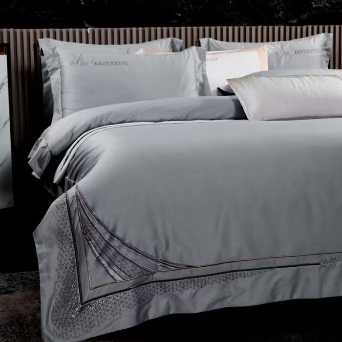 91家纺网 家纺一手货源 找家纺 50s双股长绒棉刺绣花贡缎纯棉全棉四件套直播 祖马龙-时尚灰（刺绣）