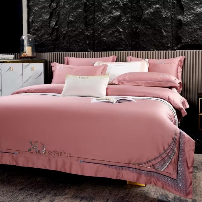 91家纺网 家纺一手货源 找家纺 50s双股长绒棉刺绣花贡缎纯棉全棉四件套 祖马龙-樱花粉（刺绣）