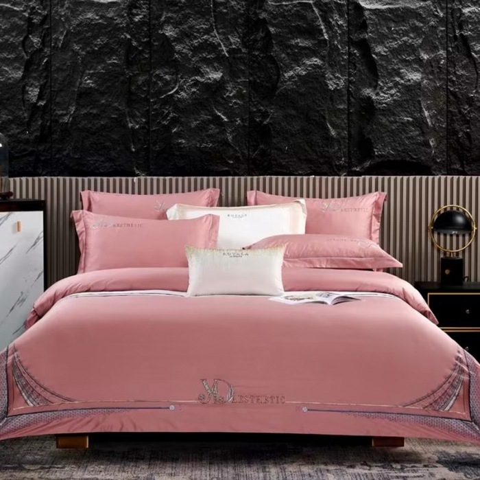 91家纺网 家纺一手货源 找家纺 50s双股长绒棉刺绣花贡缎纯棉全棉四件套 祖马龙-樱花粉（刺绣）