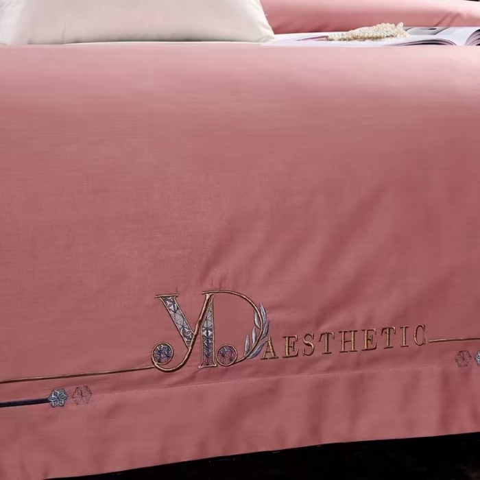 91家纺网 家纺一手货源 找家纺 50s双股长绒棉刺绣花贡缎纯棉全棉四件套 祖马龙-樱花粉（刺绣）