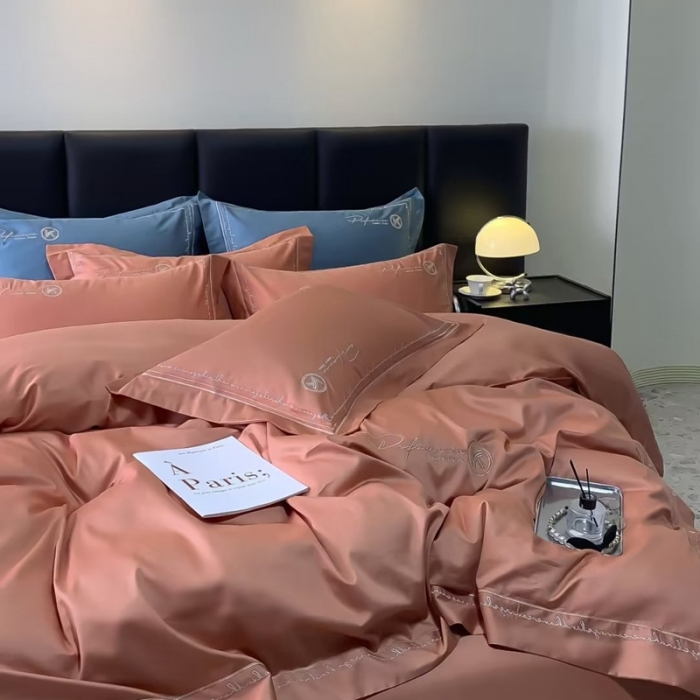 91家纺网 家纺一手货源 找家纺 50s双股长绒棉刺绣花贡缎纯棉全棉四件套 玛格丽特-爱马仕橙（宽边）