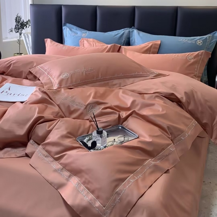 91家纺网 家纺一手货源 找家纺 50s双股长绒棉刺绣花贡缎纯棉全棉四件套 玛格丽特-爱马仕橙（宽边）