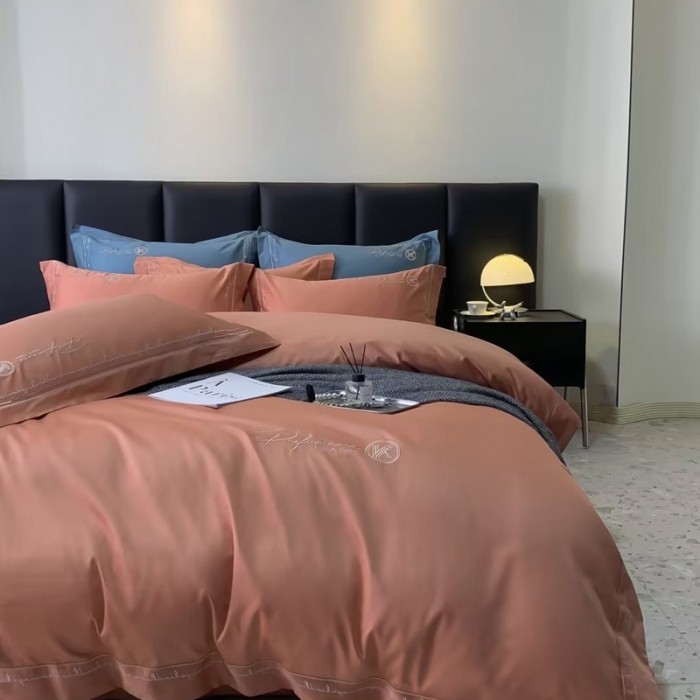 91家纺网 家纺一手货源 找家纺 50s双股长绒棉刺绣花贡缎纯棉全棉四件套 玛格丽特-爱马仕橙（宽边）