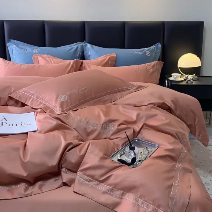 91家纺网 家纺一手货源 找家纺 50s双股长绒棉刺绣花贡缎纯棉全棉四件套 玛格丽特-爱马仕橙（宽边）