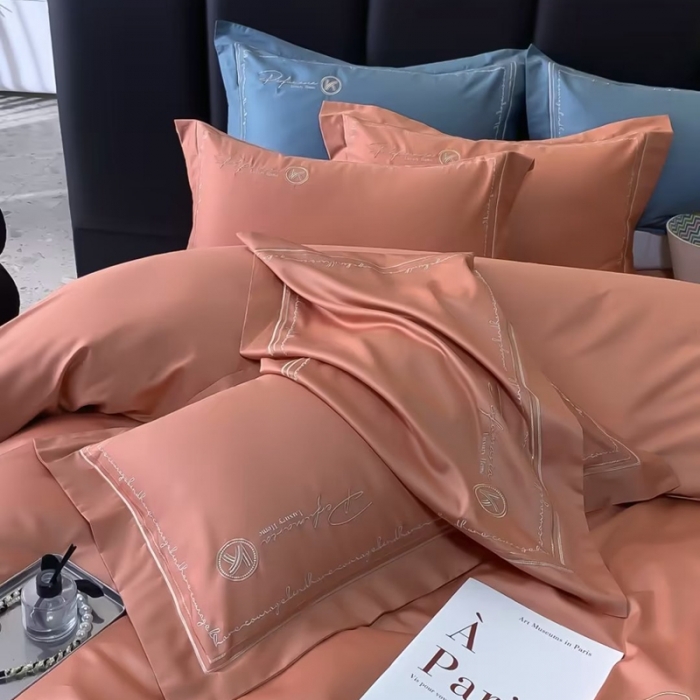 91家纺网 家纺一手货源 找家纺 50s双股长绒棉刺绣花贡缎纯棉全棉四件套 玛格丽特-爱马仕橙（宽边）