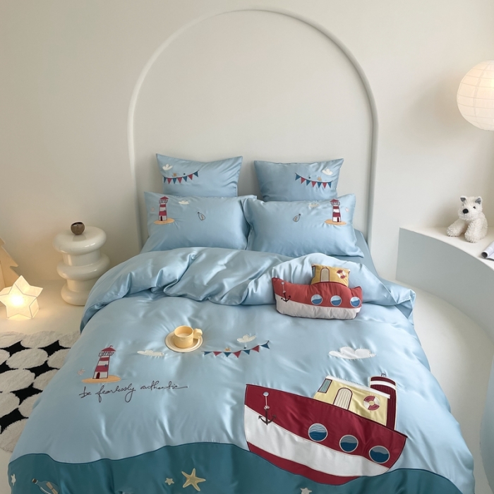 91家纺网 家纺一手货源 找家纺 （总）西西家居 2023新款60S奥地利兰精天丝绣花四件套-小帆船