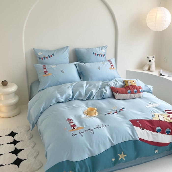 91家纺网 家纺一手货源 找家纺 （总）西西家居 2023新款60S奥地利兰精天丝绣花四件套-小帆船