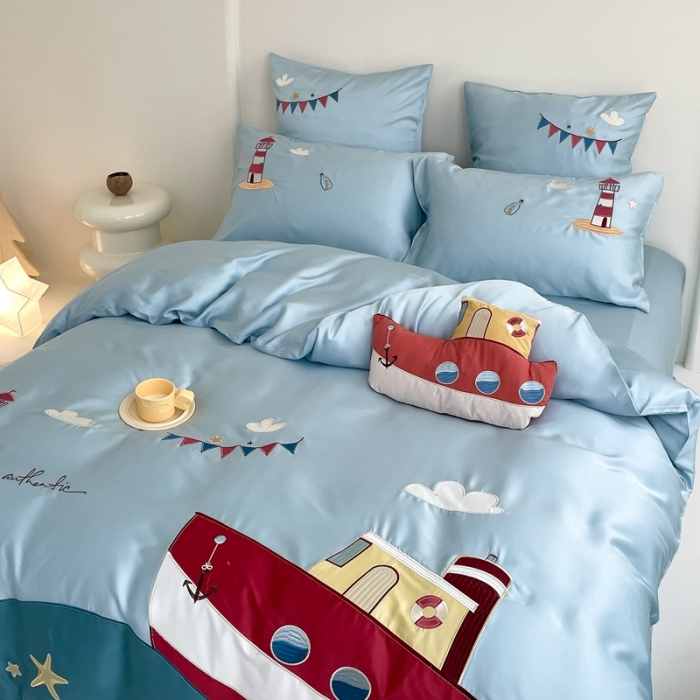 91家纺网 家纺一手货源 找家纺 （总）西西家居 2023新款60S奥地利兰精天丝绣花四件套-小帆船