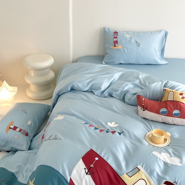 91家纺网 家纺一手货源 找家纺 （总）西西家居 2023新款60S奥地利兰精天丝绣花四件套-小帆船