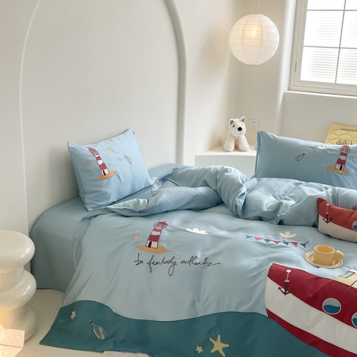 91家纺网 家纺一手货源 找家纺 （总）西西家居 2023新款60S奥地利兰精天丝绣花四件套-小帆船