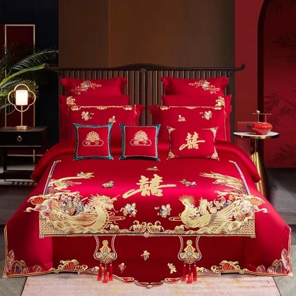 91家纺网 家纺一手货源 找家纺 柏拉图 2023新款100s贡缎长绒棉婚庆四件套多件套 龙凤送子