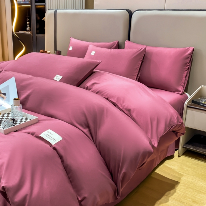 91家纺网 家纺一手货源 找家纺 红日子2023新款水洗真丝纯色四件套 拉菲红