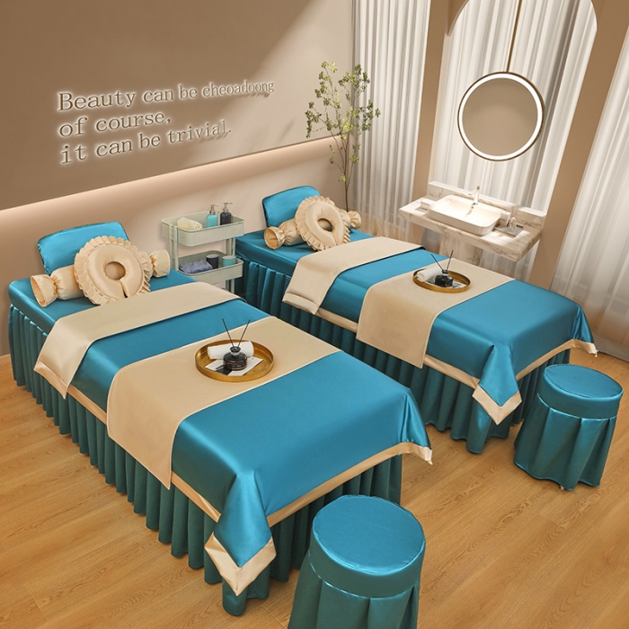 91家纺网 家纺一手货源 找家纺 不打烊2025新款冰丝美容床罩系列套件—冰丝A款控价198 湖蓝