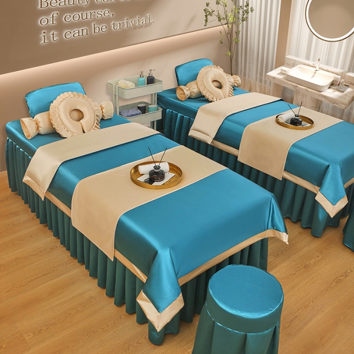 91家纺网 家纺一手货源 找家纺 不打烊2025新款冰丝美容床罩系列套件—冰丝A款控价198 湖蓝