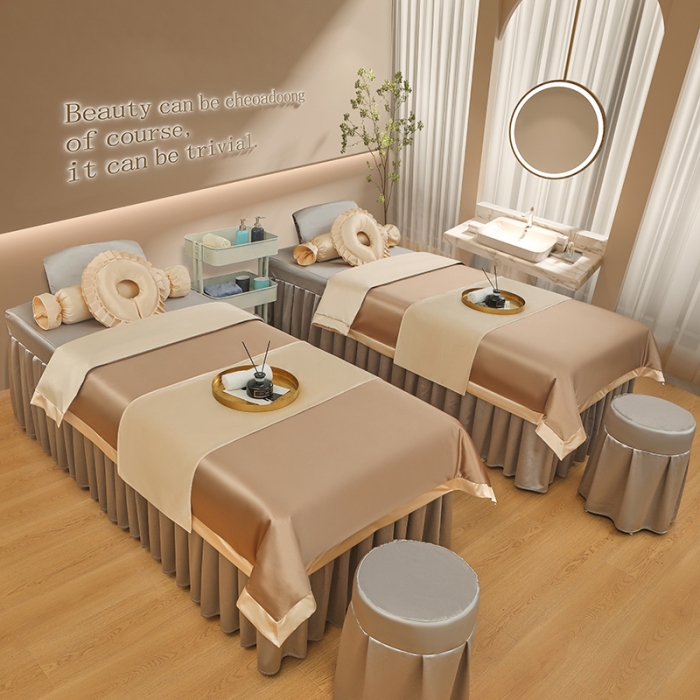 91家纺网 家纺一手货源 找家纺 不打烊2025新款冰丝美容床罩系列套件—冰丝A款控价198 驼色拼灰色