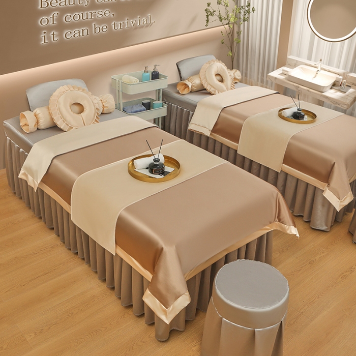 91家纺网 家纺一手货源 找家纺 不打烊2025新款冰丝美容床罩系列套件—冰丝A款控价198 驼色拼灰色