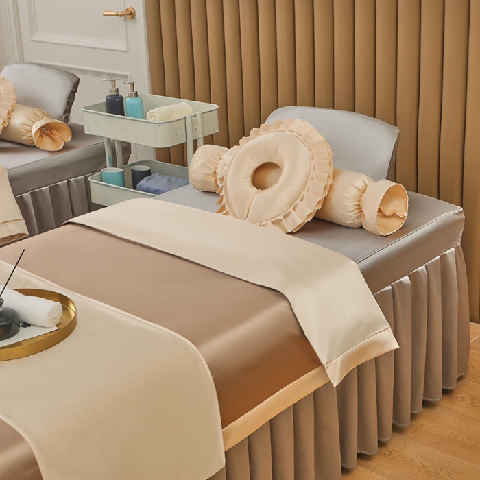 91家纺网 家纺一手货源 找家纺 不打烊2025新款冰丝美容床罩系列套件—冰丝A款控价198 驼色拼灰色