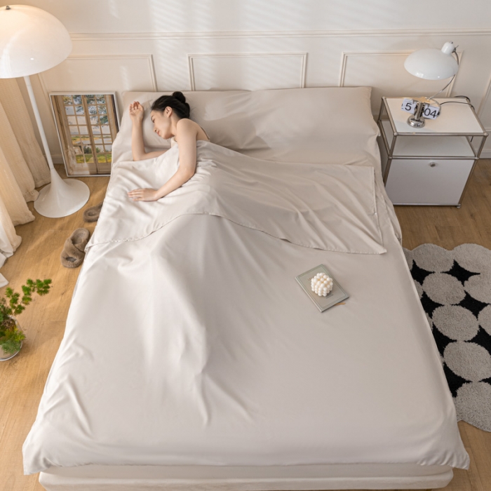 91家纺网 家纺一手货源 找家纺 慕澄2023新款水洗棉纯色酒店隔脏旅行睡袋 睡袋-奶咖色