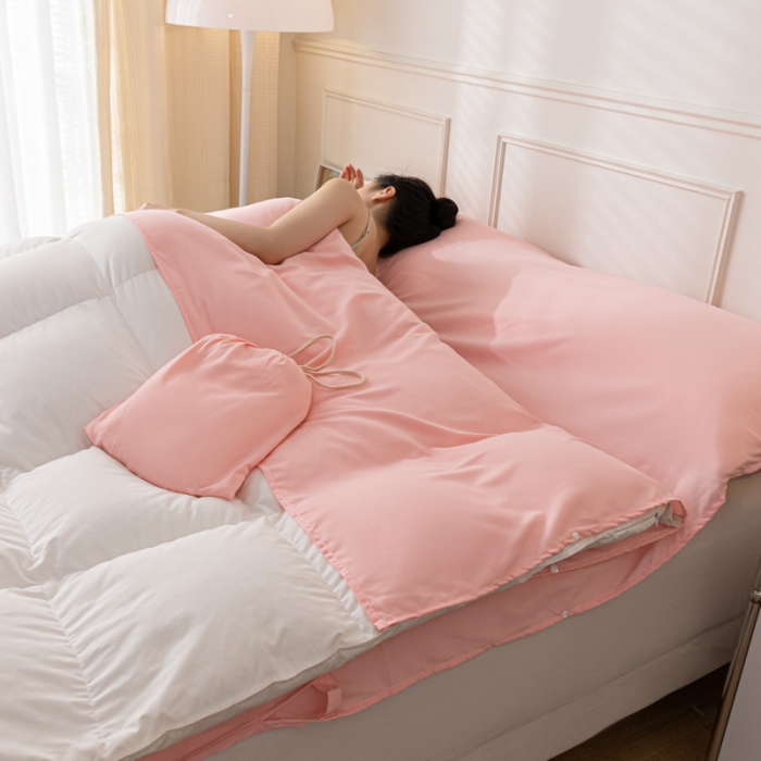 91家纺网 家纺一手货源 找家纺 慕澄2023新款水洗棉纯色酒店隔脏旅行睡袋 睡袋-樱花粉