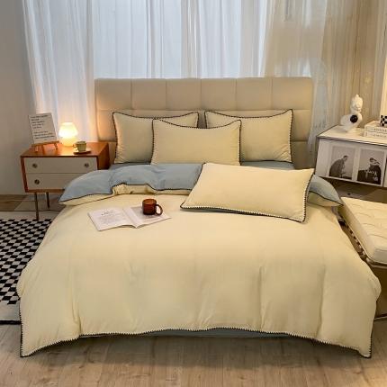 91家纺网 家纺一手货源 找家纺 妖妖家纺 2023新款水洗棉贝壳边纯色三角针四件套 黄+蓝