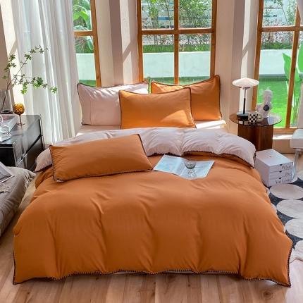 91家纺网 家纺一手货源 找家纺 妖妖家纺 2023新款水洗棉贝壳边纯色三角针四件套 焦糖+玉