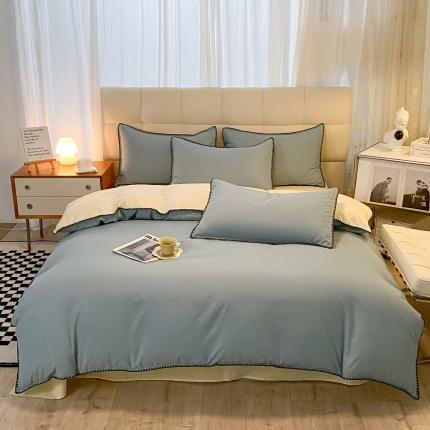 91家纺网 家纺一手货源 找家纺 妖妖家纺 2023新款水洗棉贝壳边纯色三角针四件套 蓝+黄