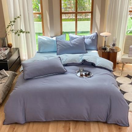 91家纺网 家纺一手货源 找家纺 妖妖家纺 2023新款水洗棉贝壳边纯色三角针四件套 浅紫+淡蓝