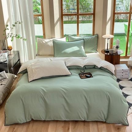 妖妖家纺 2023新款水洗棉贝壳边纯色三角针四件套 豆绿+米黄