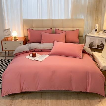 妖妖家纺 2023新款水洗棉贝壳边纯色三角针四件套 粉+灰