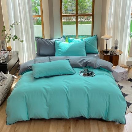 妖妖家纺 2023新款水洗棉贝壳边纯色三角针四件套 湖蓝+灰