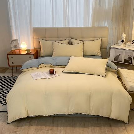 妖妖家纺 2023新款水洗棉贝壳边纯色三角针四件套 黄+蓝