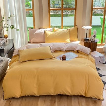 妖妖家纺 2023新款水洗棉贝壳边纯色三角针四件套 姜黄+浅玉