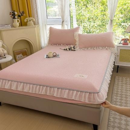 91家纺网 家纺一手货源 找家纺 眠势力 华夫格凉席款花边床笠凉感床垫保护套床罩 华夫格-奶油粉