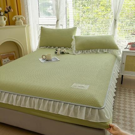 眠势力 A类华夫格凉席款花边床笠凉感床垫保护套床罩 华夫格-西瓜绿