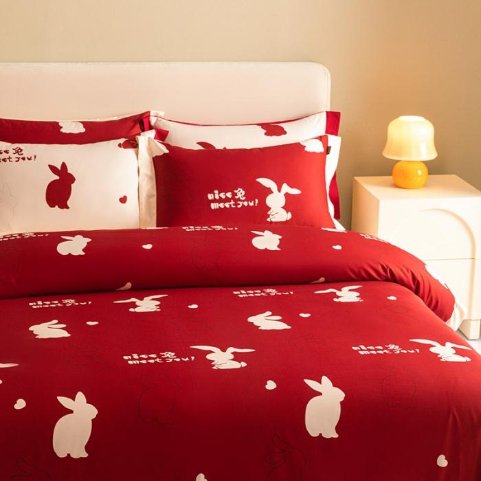 91家纺网 家纺一手货源 找家纺 【婚嫁新品】100支长绒棉四件套全棉纯棉北欧风印花床上用品轻奢风床笠款