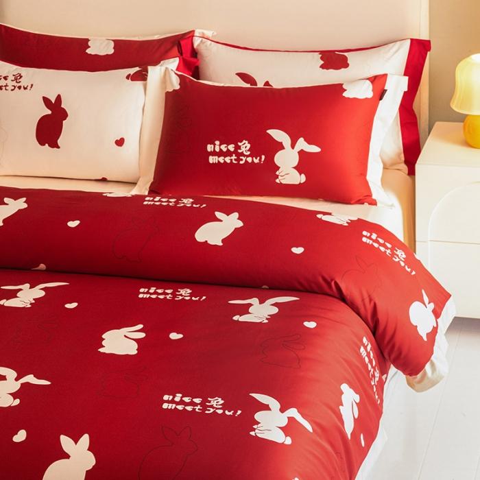 91家纺网 家纺一手货源 找家纺 【婚嫁新品】100支长绒棉四件套全棉纯棉北欧风印花床上用品轻奢风床笠款