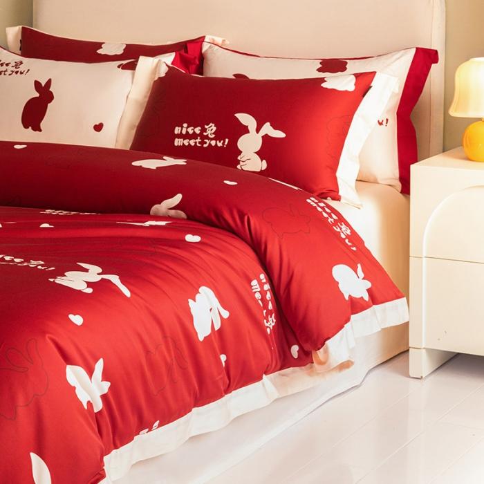 91家纺网 家纺一手货源 找家纺 【婚嫁新品】100支长绒棉四件套全棉纯棉北欧风印花床上用品轻奢风床笠款