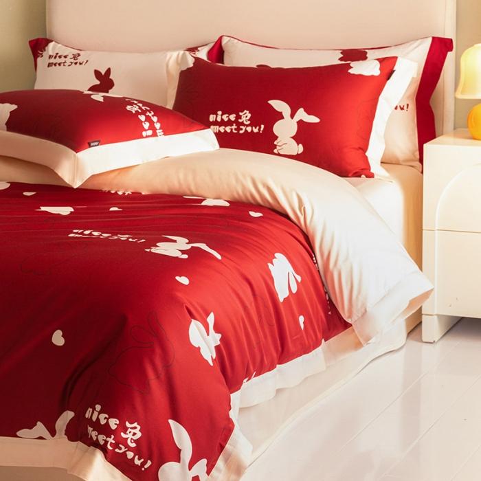 91家纺网 家纺一手货源 找家纺 【婚嫁新品】100支长绒棉四件套全棉纯棉北欧风印花床上用品轻奢风床笠款