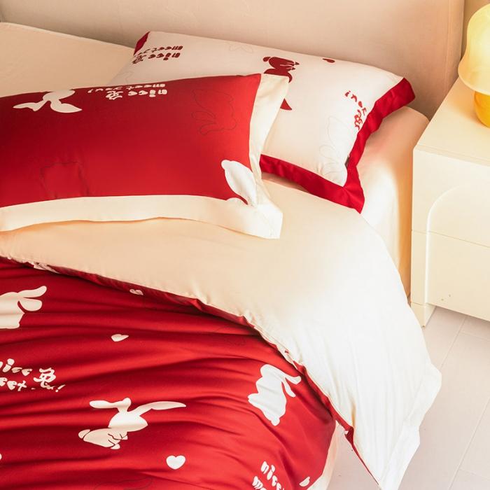 91家纺网 家纺一手货源 找家纺 【婚嫁新品】100支长绒棉四件套全棉纯棉北欧风印花床上用品轻奢风床笠款