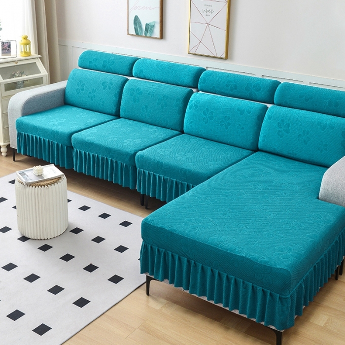 91家纺网 家纺一手货源 找家纺 千彤 2023新款裙边-三叶草沙发笠系列 沙发套罩 孔雀蓝