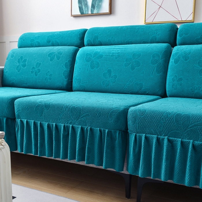 91家纺网 家纺一手货源 找家纺 千彤 2023新款裙边-三叶草沙发笠系列 沙发套罩 孔雀蓝