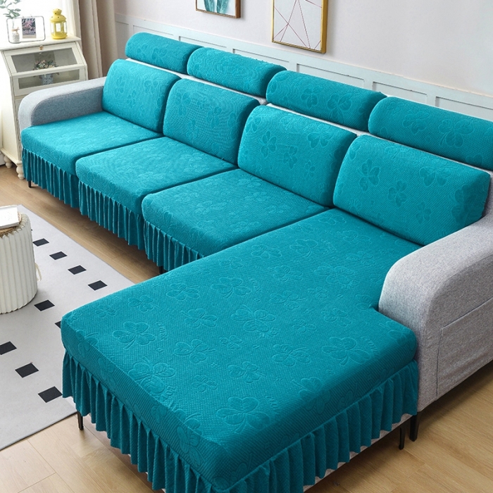 91家纺网 家纺一手货源 找家纺 千彤 2023新款裙边-三叶草沙发笠系列 沙发套罩 孔雀蓝
