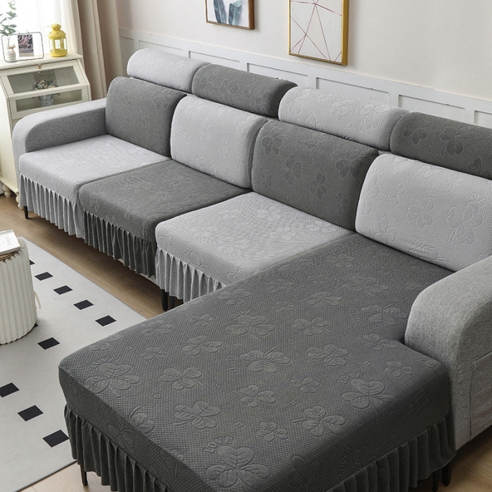 91家纺网 家纺一手货源 找家纺 千彤 2023新款裙边-三叶草沙发笠系列 沙发套罩 深灰银灰